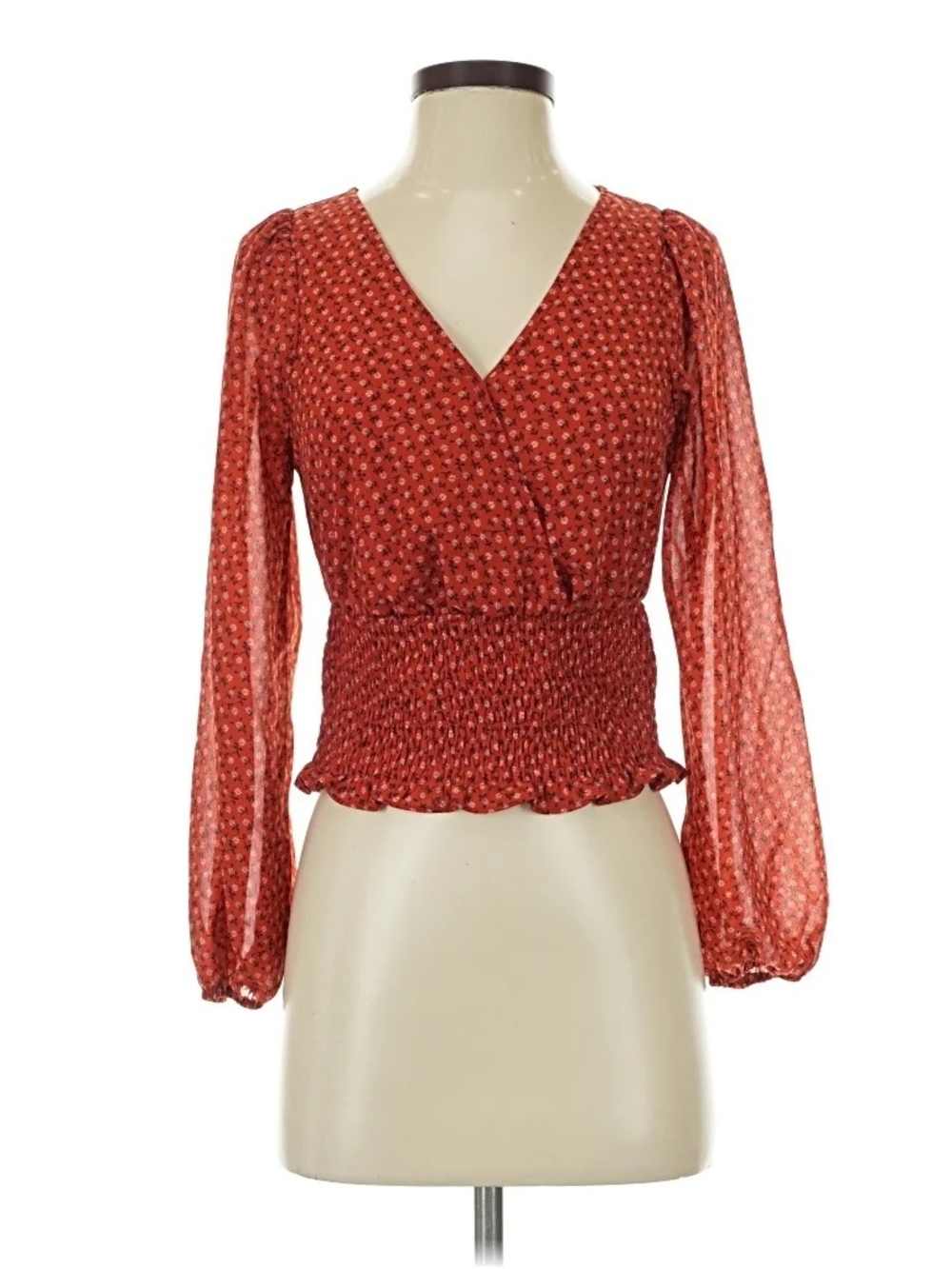 Madewell Rust Red Smocked Waist V-Neck Long Sleeve Blouse